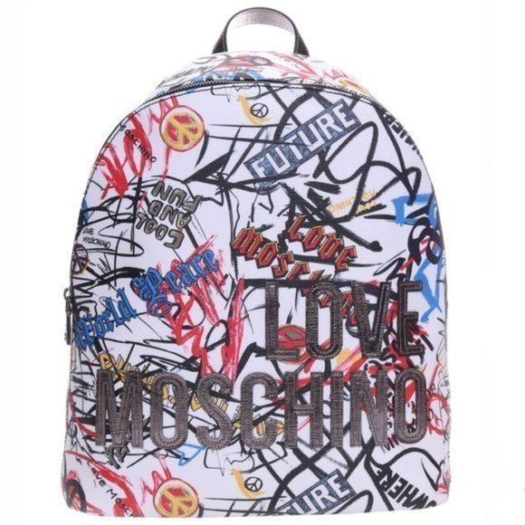 LOVE MOSCHINO White Graffiti Leather Backpack - Picture 3 of 15